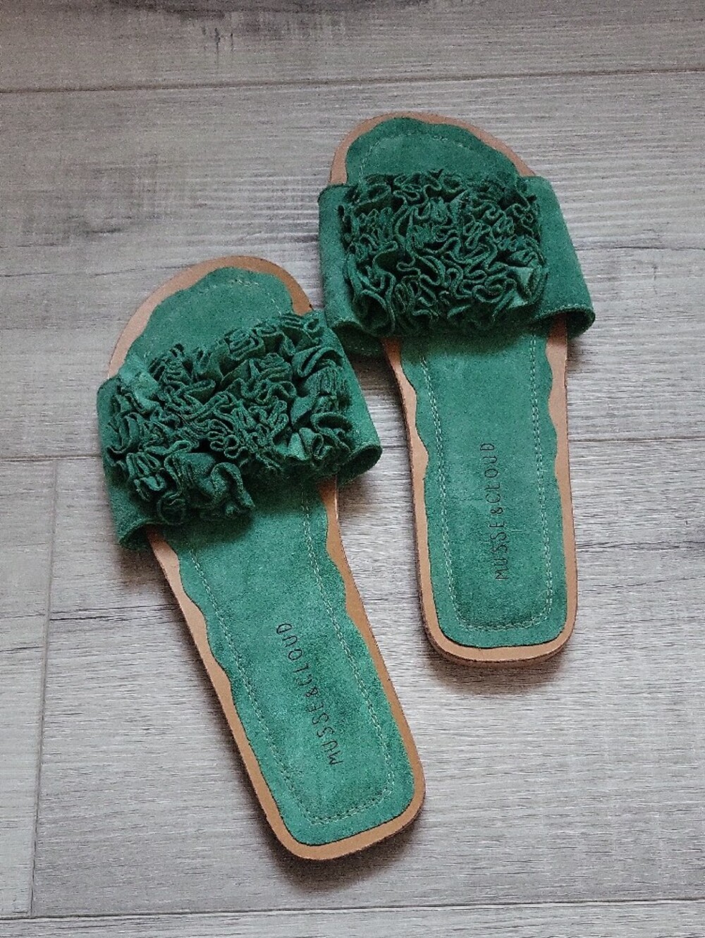 Musse & Cloud Teal Green Ruffle Slide Sandals